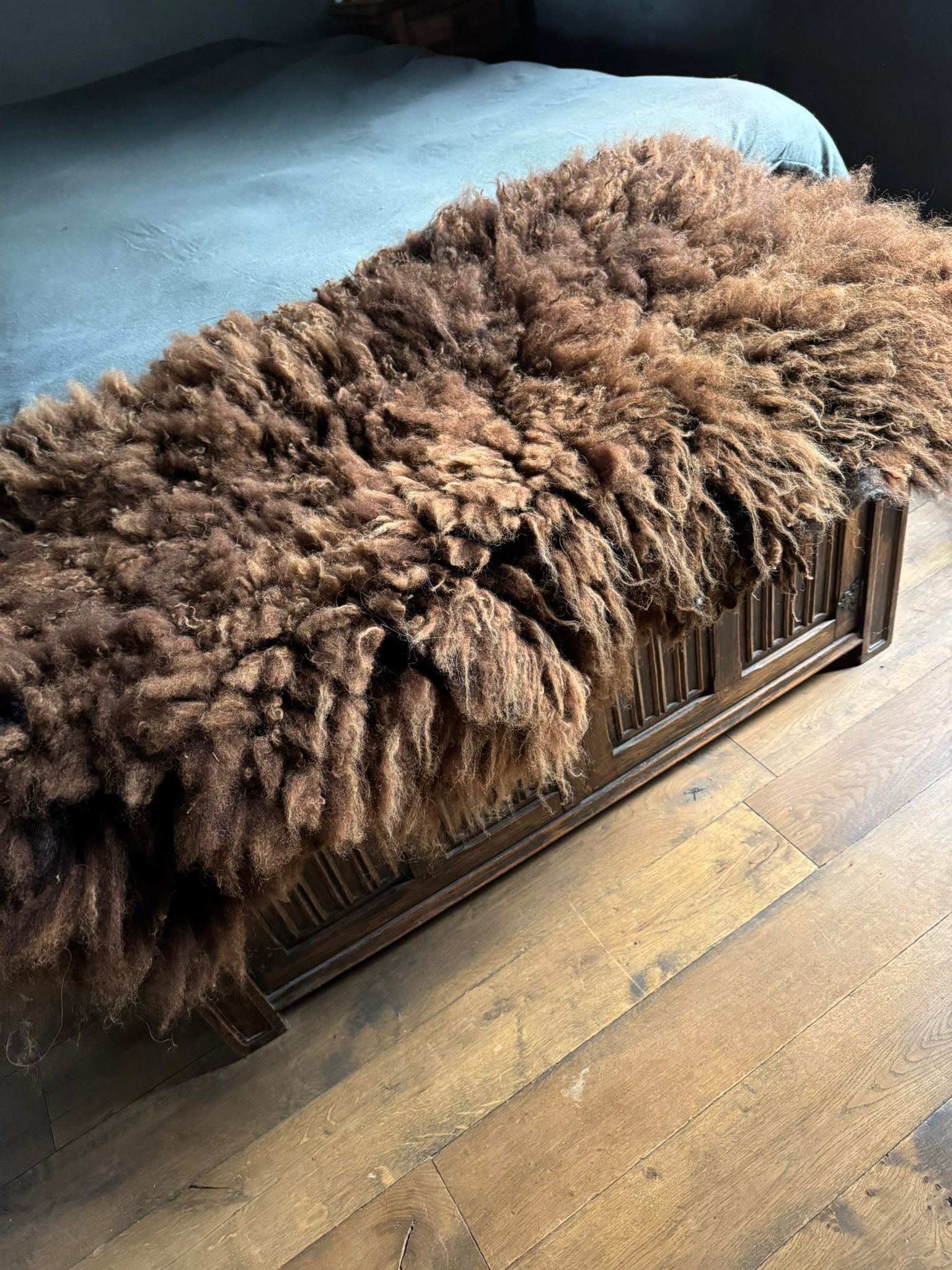 Heerlijk zachte dikke kastanjebruine vacht om onder weg te kruipen