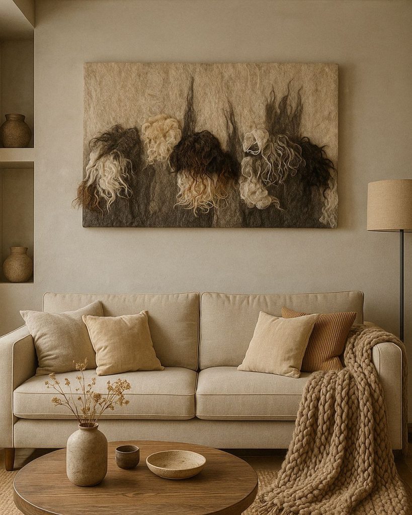 akoestisch- paneel viltschilderij -wandpaneel-wolschilderij-geluidsdemping-drentsheideschaap-wallart-tapestry